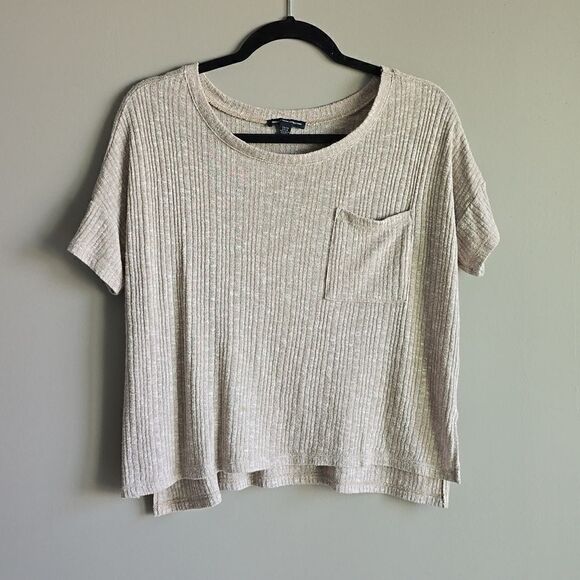 American Eagle Tan Light Brown Ribbed Oversized Loose Fit Comfy Casual Tee Shirt - Picture 1 of 9